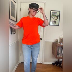 80s Vintage Bright Orange Single Stitch Cotton Poly Blend T Shirt - Sz Large